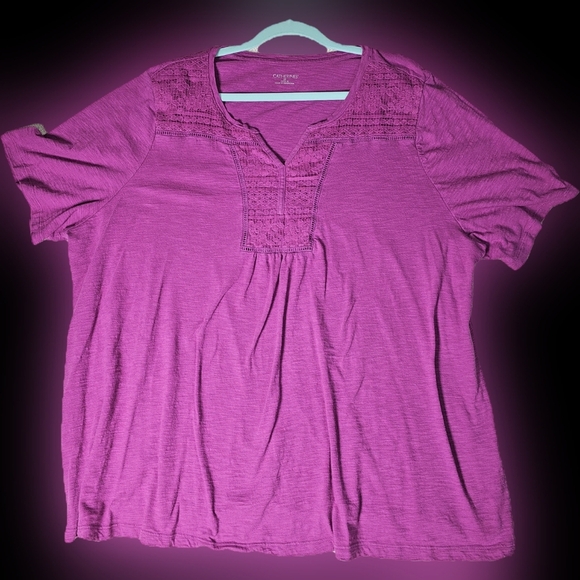 Catherine's Pink Magenta Shortsleeve, T-Shirt, Embroidery Scoop V-neck 2X - Picture 1 of 9